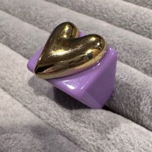 Purple Resin Heart Ring w/ Gold Tone Heart – Size 6 Statement Ring